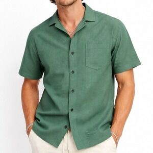 Negative Space Waffle Knit Shirt Mens Small Green Camp Collar Short Sleeve NEW